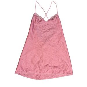 Vtg Lily of France Pink Floral Jacquard Satin Lace Trim Chemise Nightgown Large